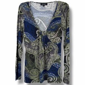Karen Kane Black Green Blue Paisley Long Sleeve V-Neck Top Blouse Shirt sz Large